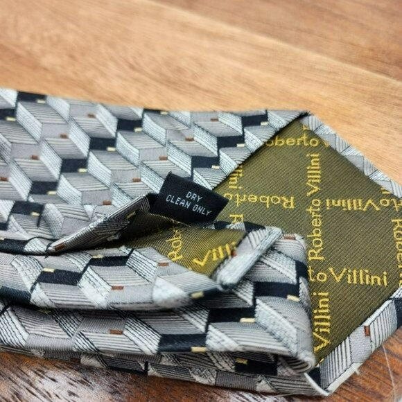 Roberto Villini Collezione Neck Tie Brown Black Tan 100% Silk Handmade 80s Vibes - Picture 6 of 8